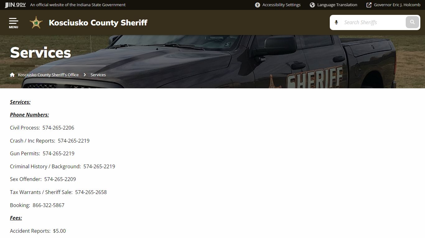 Kosciusko County Sheriff's Office: Services - IN.gov